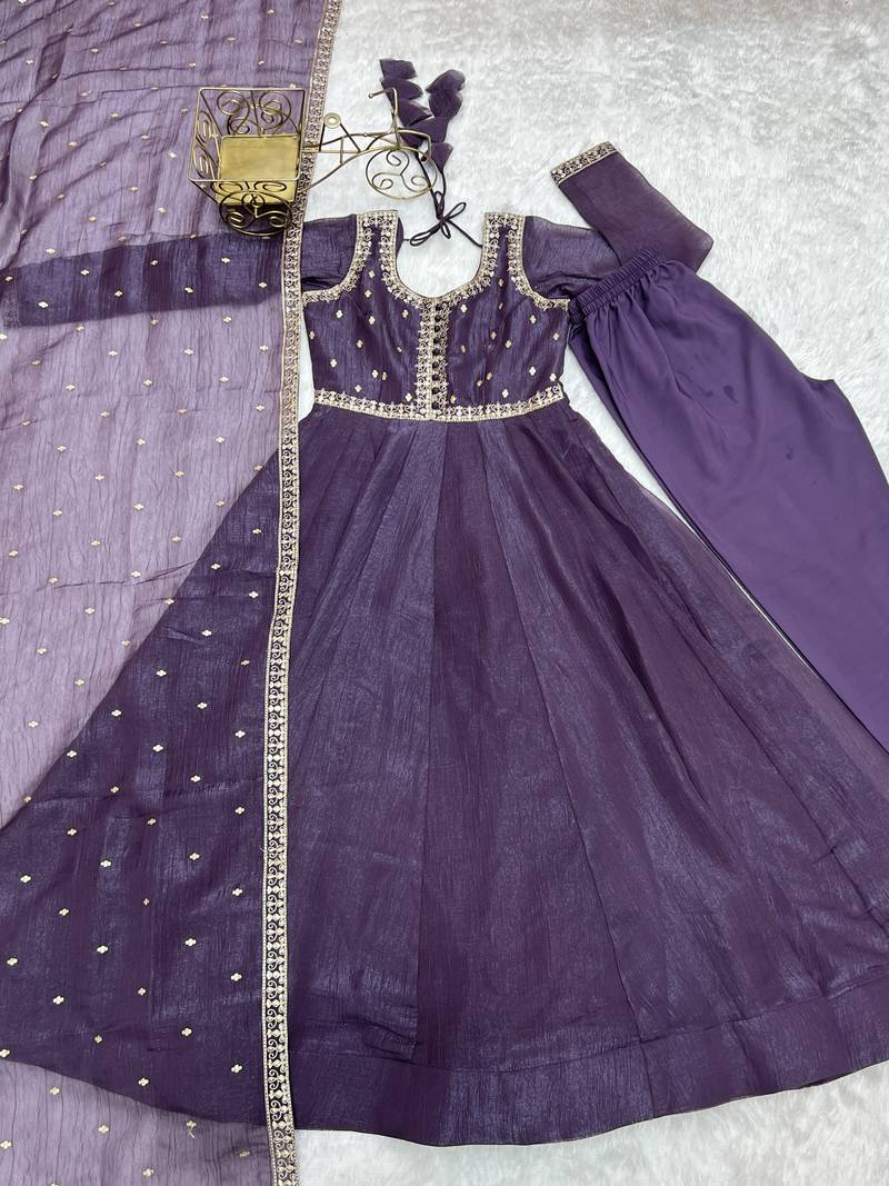 Purple Silk Sequin Anarkali with dupatta