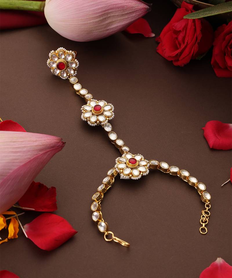 Gold plated kundan red stones hathpool