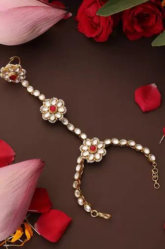 Gold plated kundan red stones hathpool