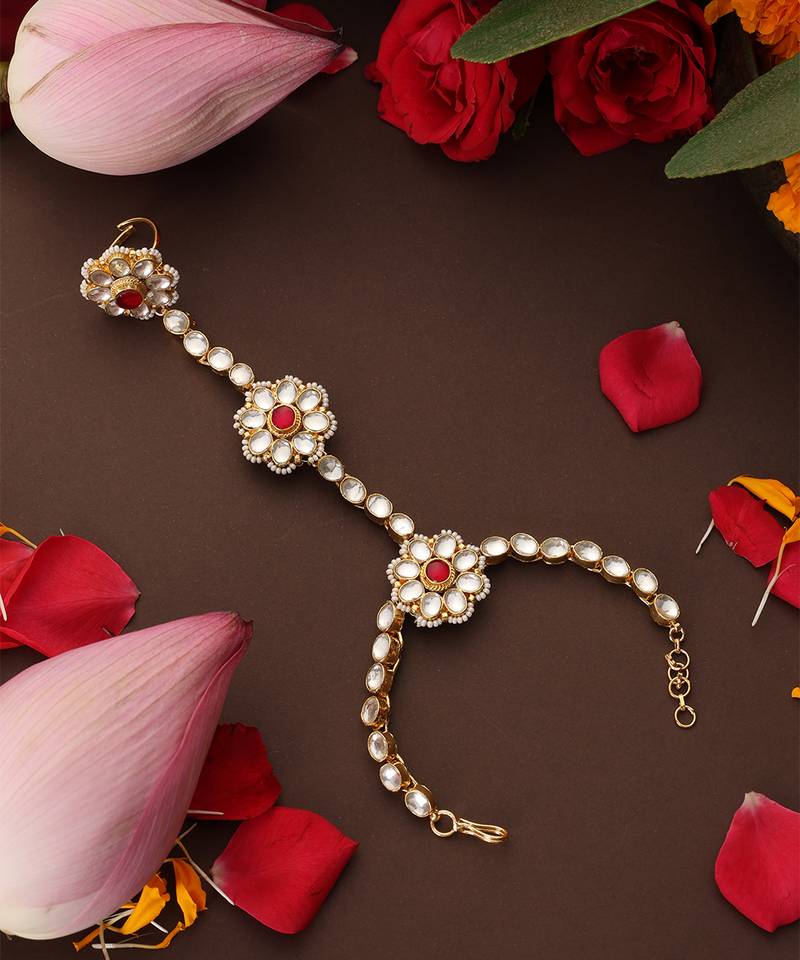 Gold plated kundan red stones hathpool