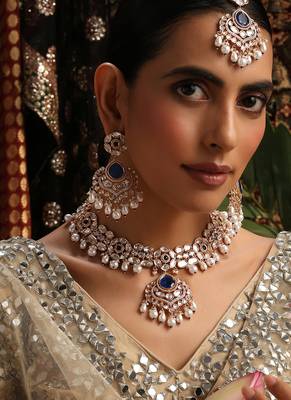 gold plated kundan blue stones necklace set 1
