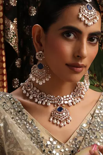 gold plated kundan blue stones necklace set