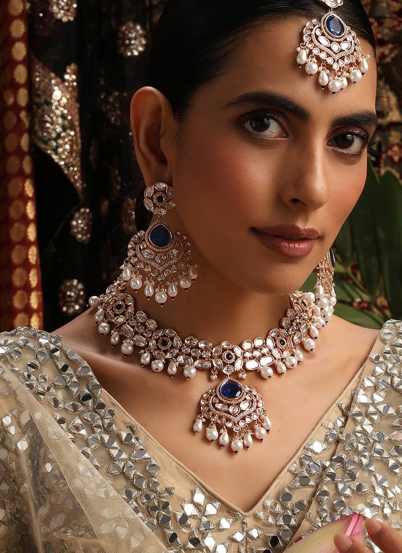gold plated kundan blue stones necklace set