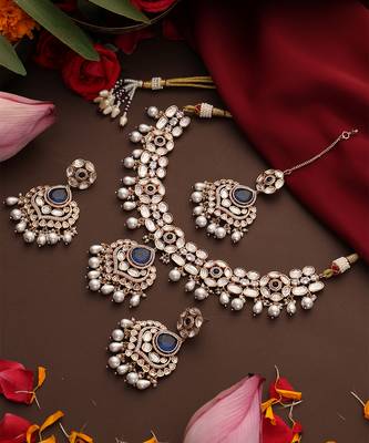 gold plated kundan blue stones necklace set 2
