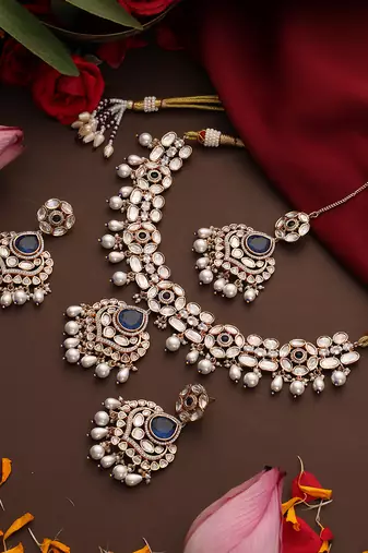 gold plated kundan blue stones necklace set