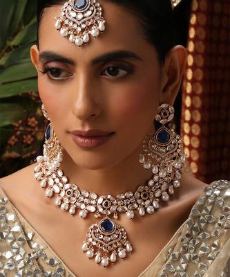 gold plated kundan blue stones necklace set 3