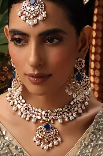 gold plated kundan blue stones necklace set