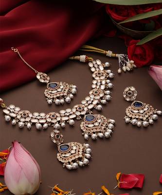 gold plated kundan blue stones necklace set 4