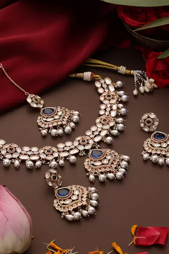 gold plated kundan blue stones necklace set
