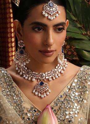 gold plated kundan blue stones necklace set 5