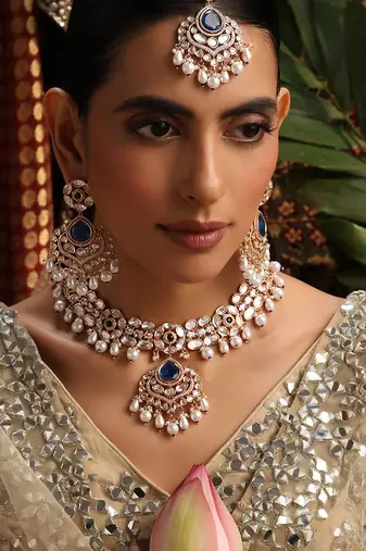 gold plated kundan blue stones necklace set