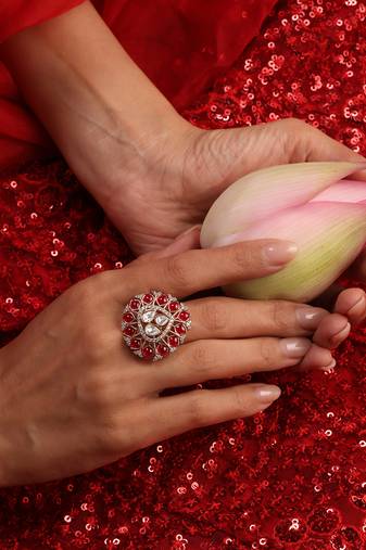 Rose gold plated kundan red stones ring