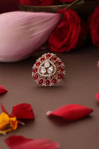 Rose gold plated kundan red stones ring