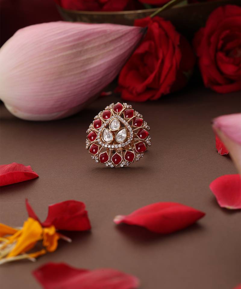 Rose gold plated kundan red stones ring