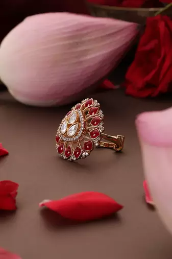 Rose gold plated kundan red stones ring