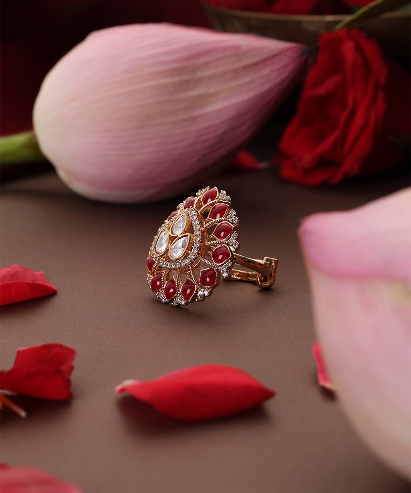 Rose gold plated kundan red stones ring