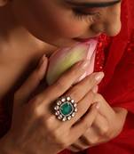 Gold plated kundan green stone ring