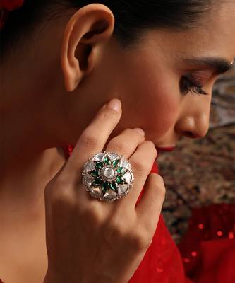 Gold plated kundan green stones ring 1