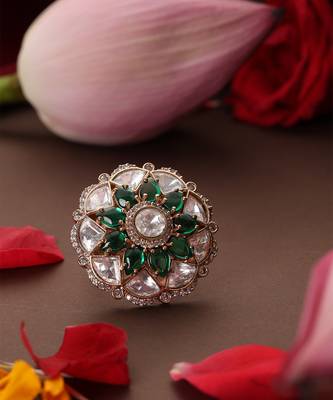 Gold plated kundan green stones ring 2