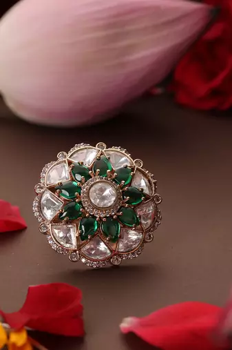 Gold plated kundan green stones ring