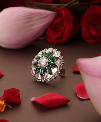 Gold plated kundan green stones ring 3