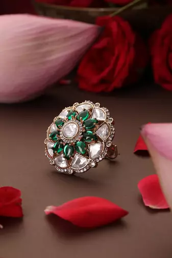 Gold plated kundan green stones ring