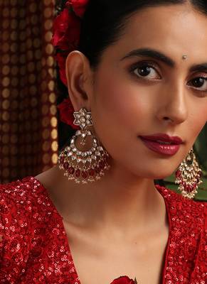 Gold plated kundan red stones chandbali earrings 1