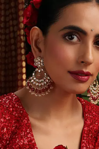 Gold plated kundan red stones chandbali earrings