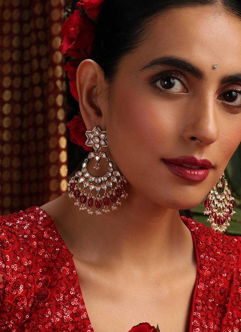 Gold plated kundan red stones chandbali earrings