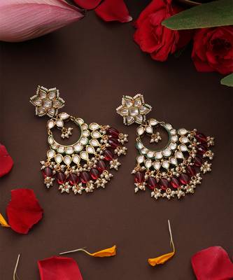 Gold plated kundan red stones chandbali earrings 2