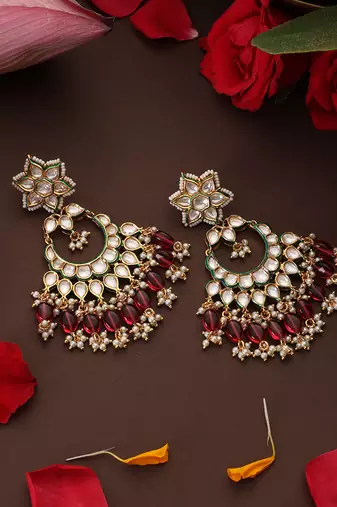 Gold plated kundan red stones chandbali earrings