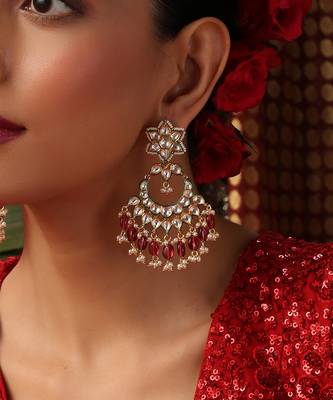 Gold plated kundan red stones chandbali earrings 3