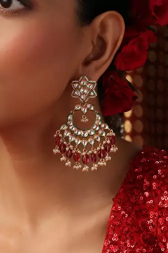 Gold plated kundan red stones chandbali earrings