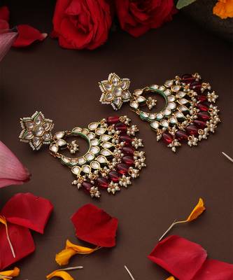 Gold plated kundan red stones chandbali earrings 4