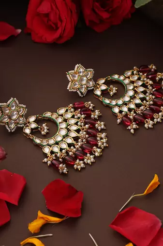 Gold plated kundan red stones chandbali earrings