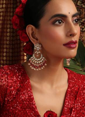 Gold plated kundan red stones chandbali earrings 5