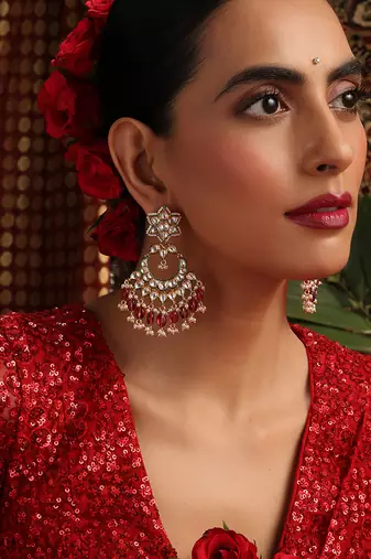 Gold plated kundan red stones chandbali earrings