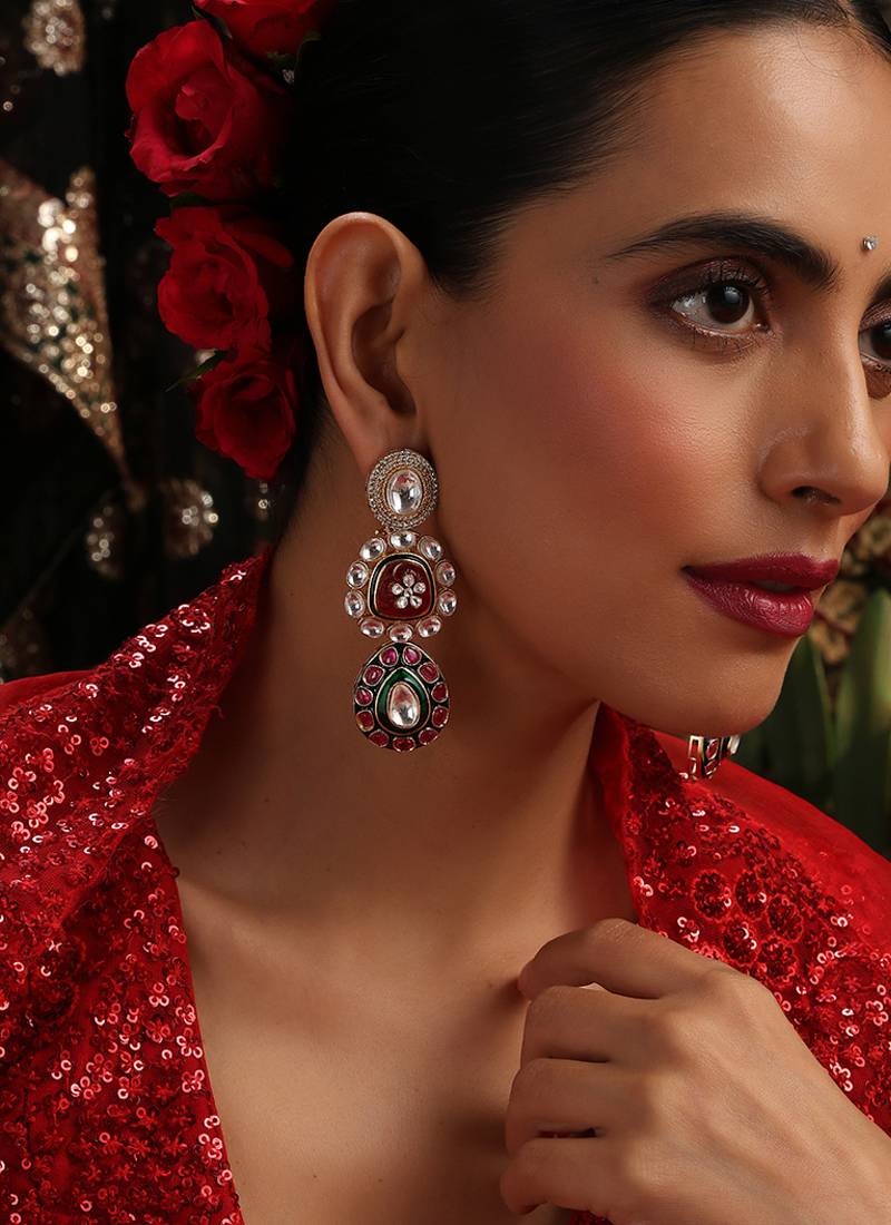 Gold plated kundan multicolor stones dangler earrings