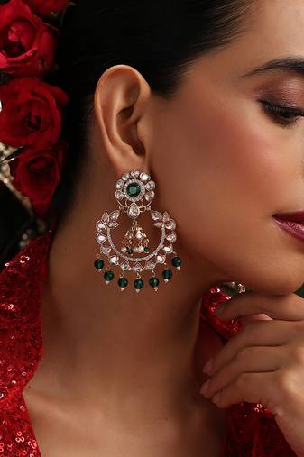 gold plated kundan green stones chandbali earrings