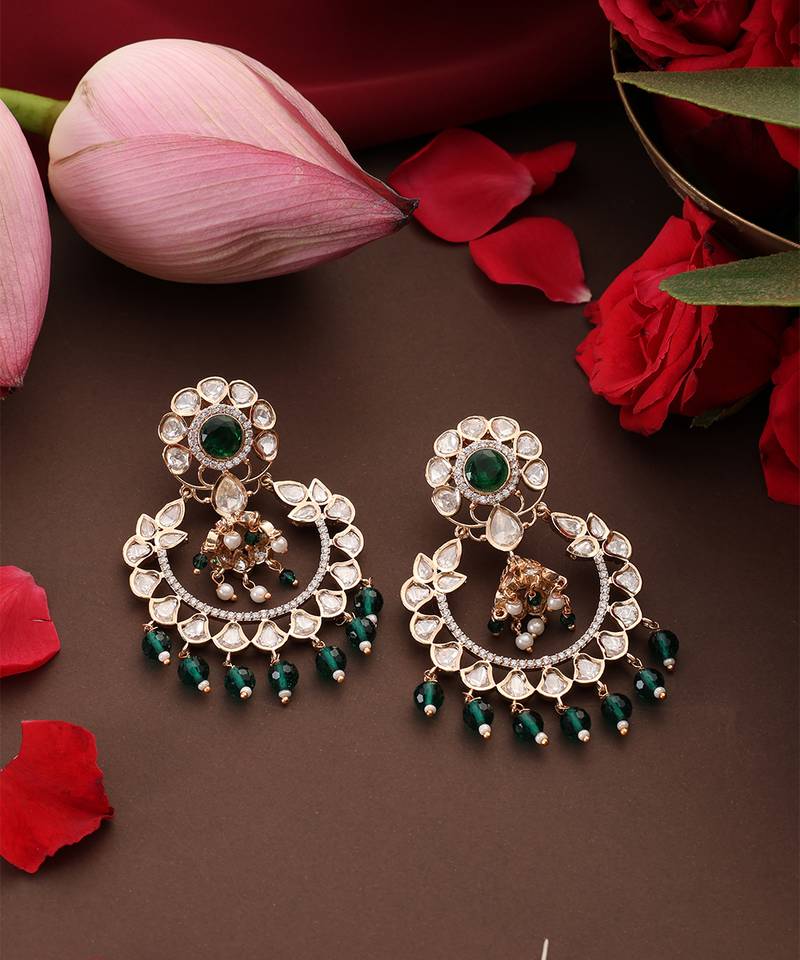 gold plated kundan green stones chandbali earrings