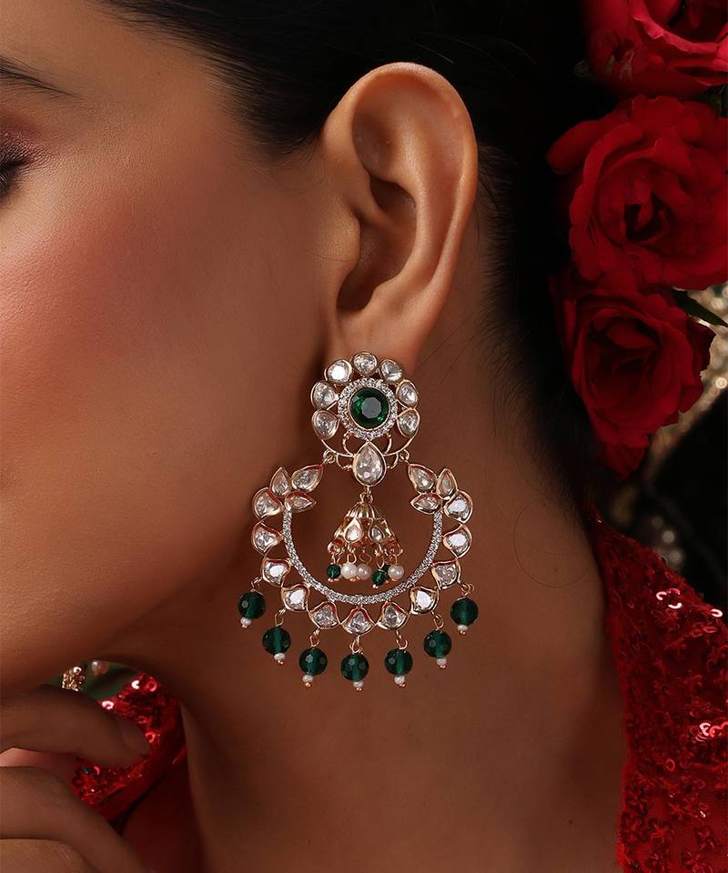 gold plated kundan green stones chandbali earrings