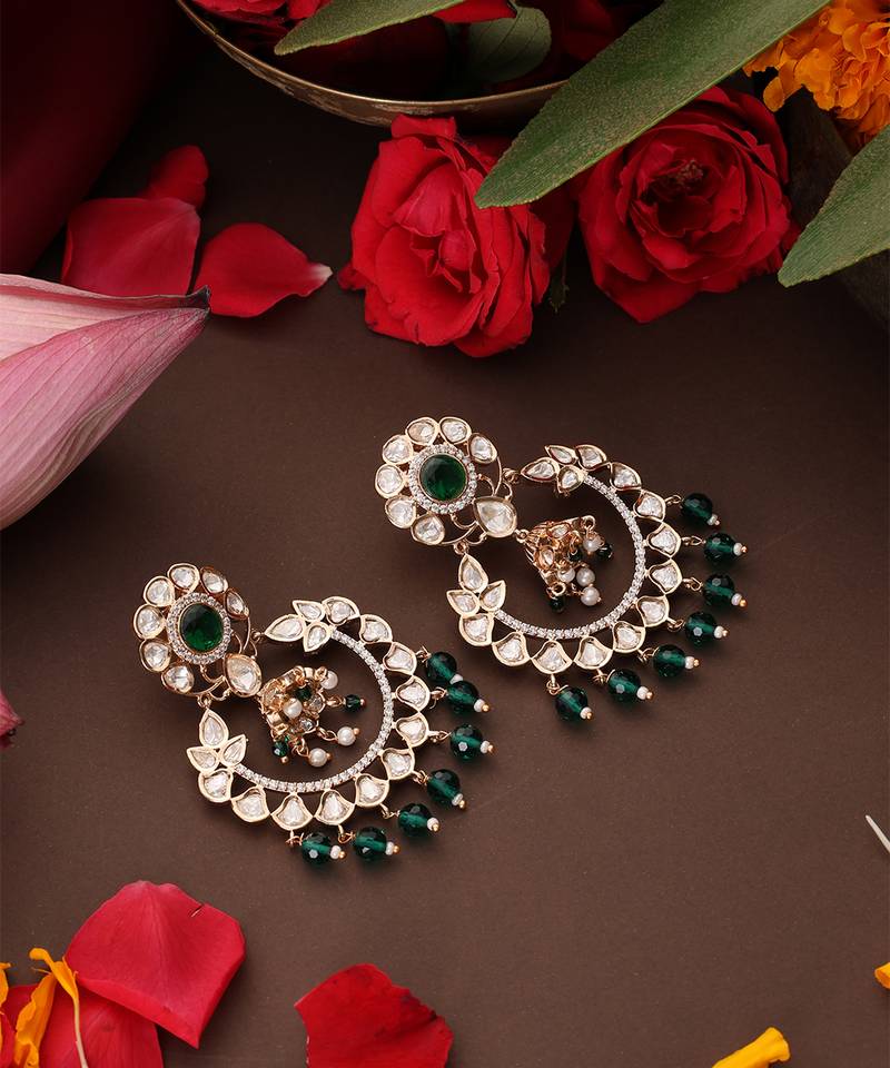 gold plated kundan green stones chandbali earrings