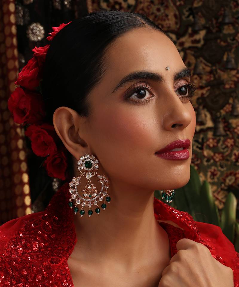 gold plated kundan green stones chandbali earrings