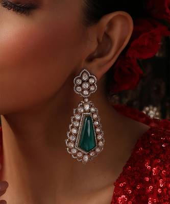 Gold plated kundan green stones dangler earrings 3