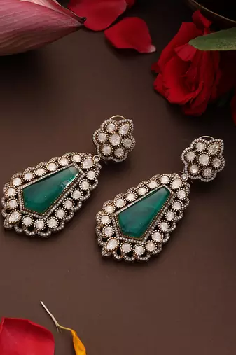 Gold plated kundan green stones dangler earrings