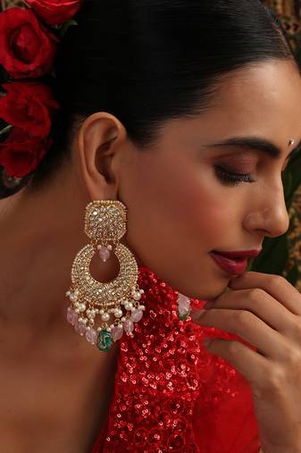 Gold plated kundan pink stones chandbali earrings