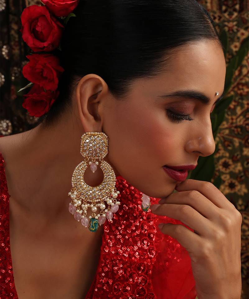 Gold plated kundan pink stones chandbali earrings