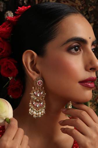 Gold plated kundan red stones chandbali earrings