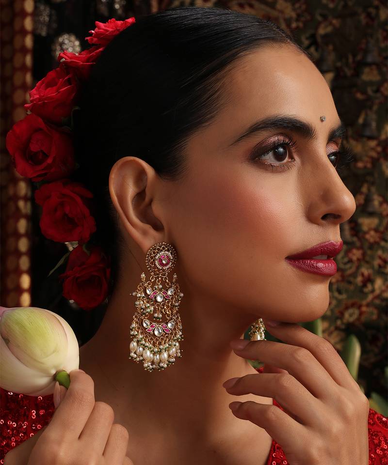 Gold plated kundan red stones chandbali earrings