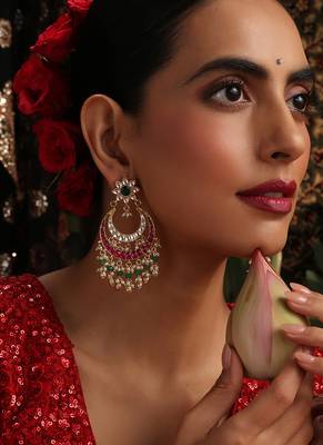 Gold plated kundan multicolor stones chandbali earrings 1
